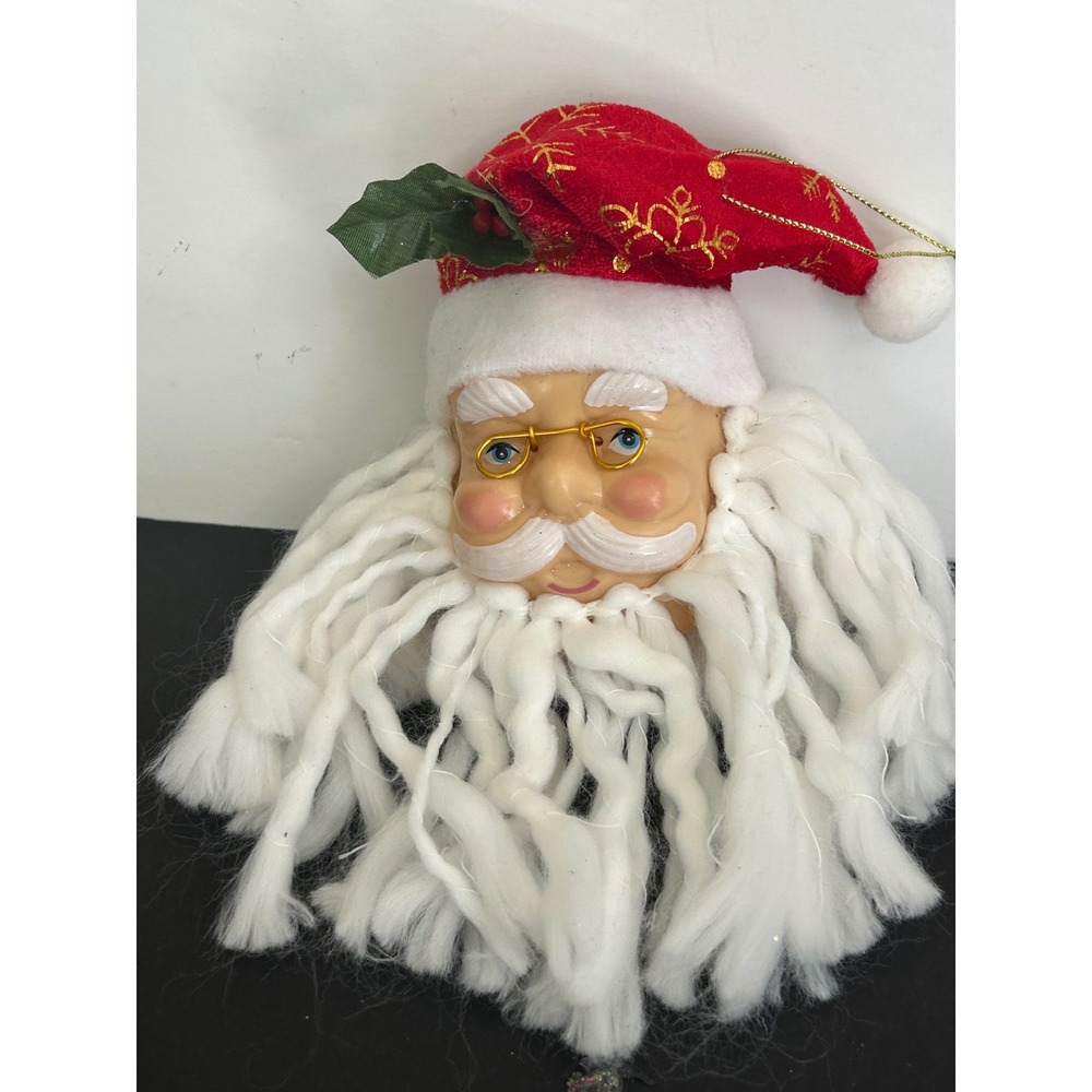 Ornament Christmas Red Santa Head Plush Beard Gold Glass Holiday Decor - Picture 3 of 8